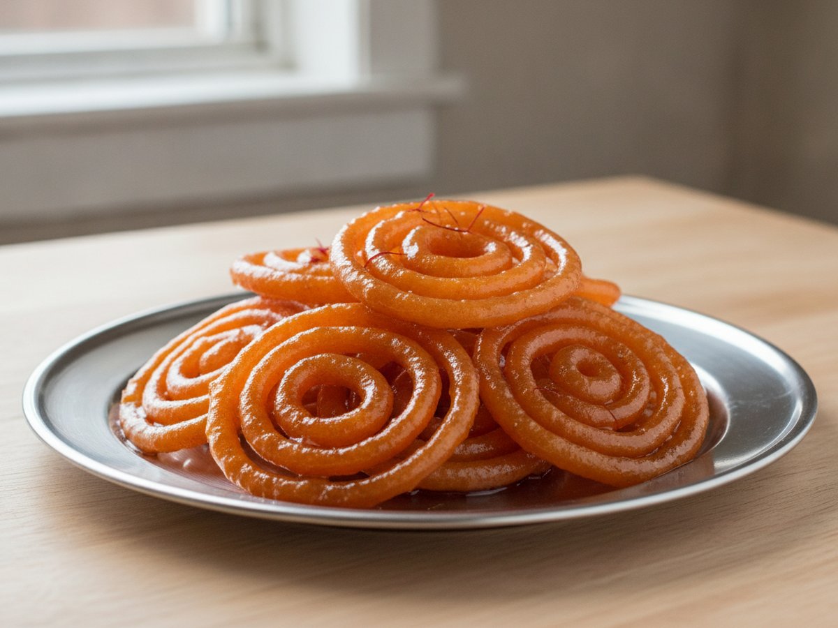 A pile of glossy orange jalebi spirals on a round steel plate, with a few saffron threads, on a pale wooden table