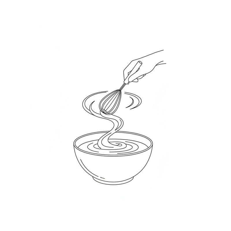 Line drawing of a hand whisking a smooth batter in a bowl, the batter falling from the whisk in a ribbon