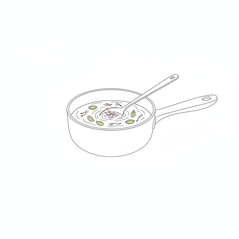 Line drawing of a saucepan of sugar syrup with green cardamom pods and saffron threads, a spoon resting in it