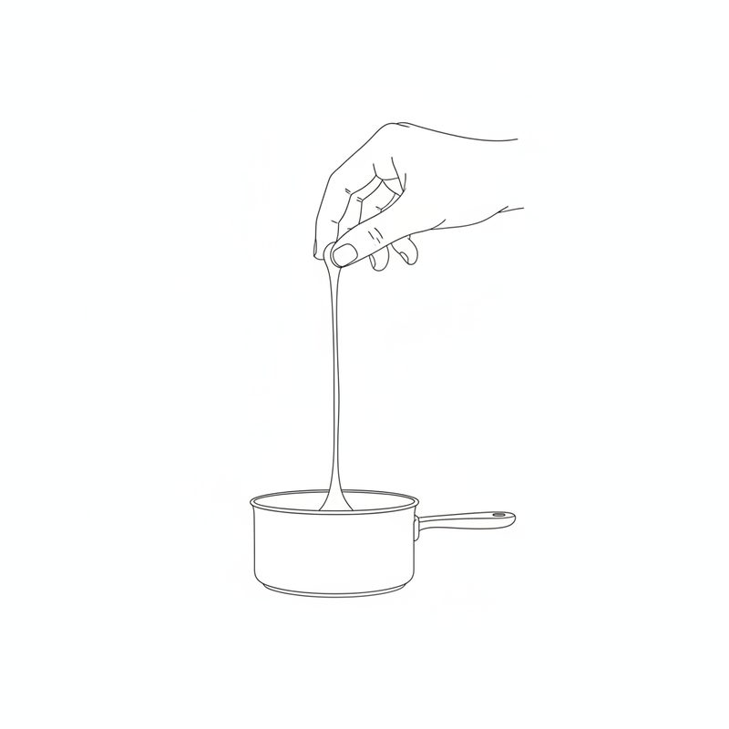 Line drawing of a hand pinching sugar syrup above a small saucepan, a strand of syrup running back into the pan