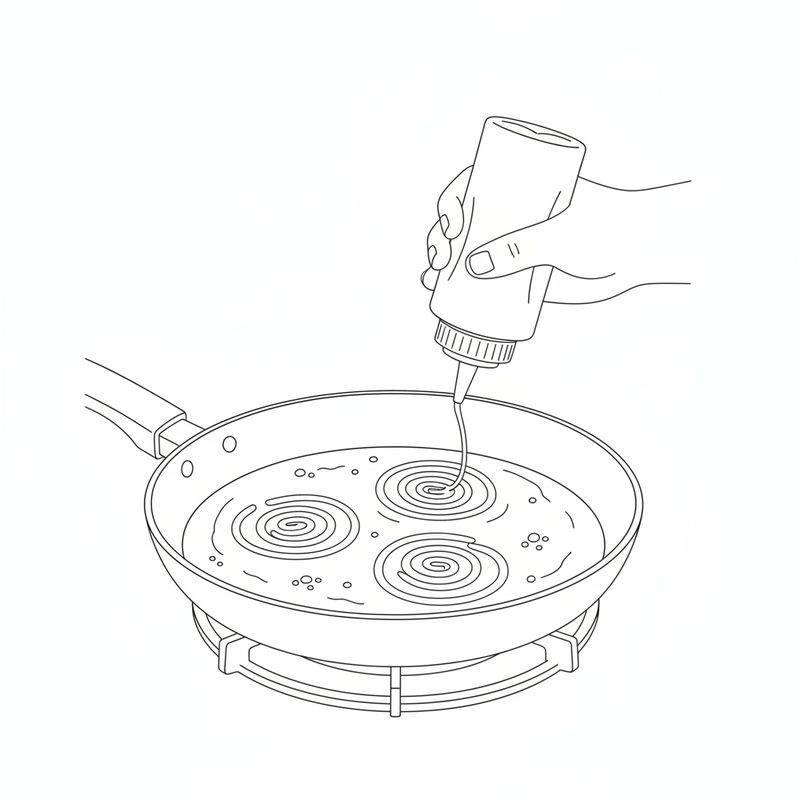 Line drawing of a hand squeezing batter from a squeeze bottle into a pan of oil, three spirals already frying