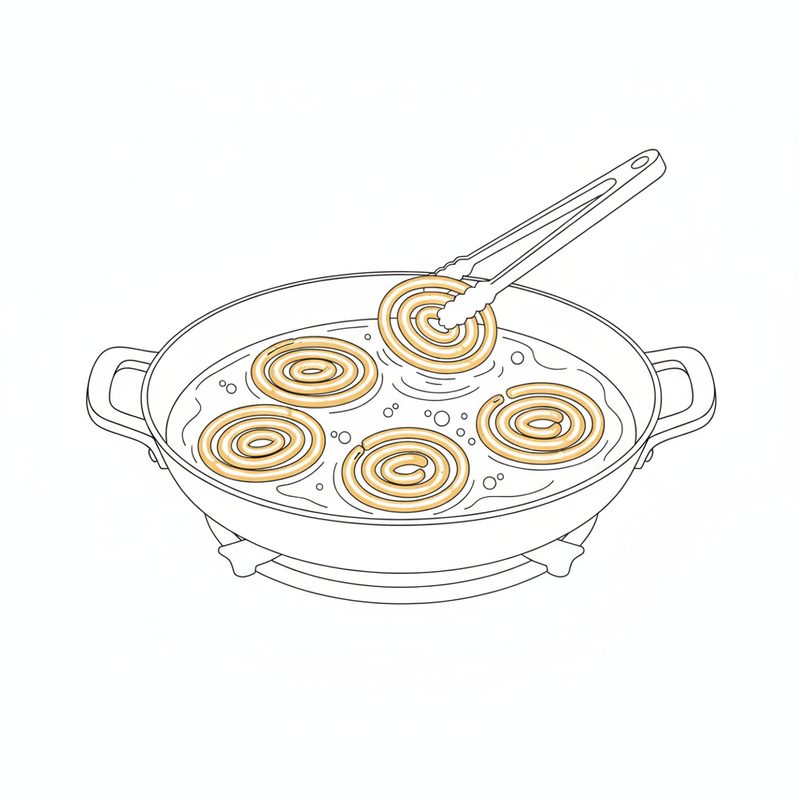 Line drawing of golden jalebi spirals frying in a wide pan of oil, one lifted with tongs