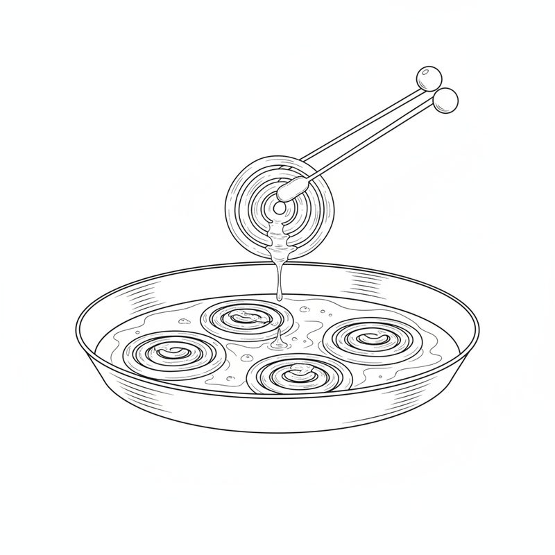 Line drawing of a jalebi spiral lifted from a pan of syrup with tongs, syrup dripping, four more soaking below
