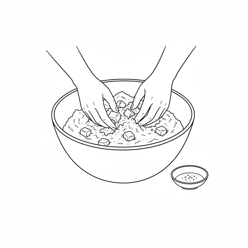 Line drawing of two hands rubbing cubes of butter into flour in a large mixing bowl, with a small dish of salt beside it