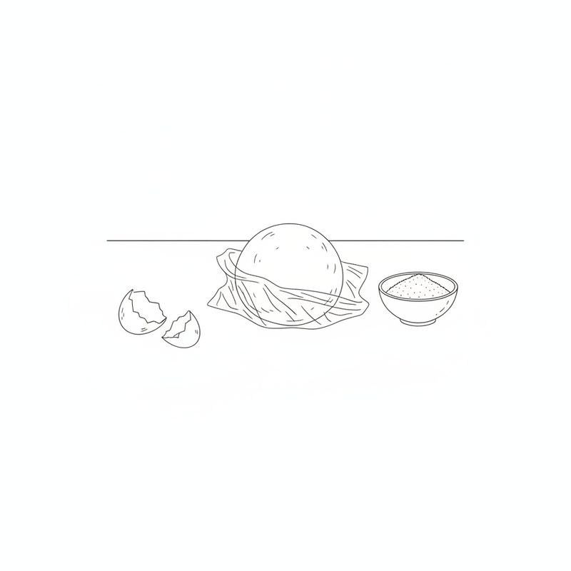 Line drawing of a smooth ball of dough sitting on cling film, with two halves of an eggshell on one side and a small bowl of sugar on the other