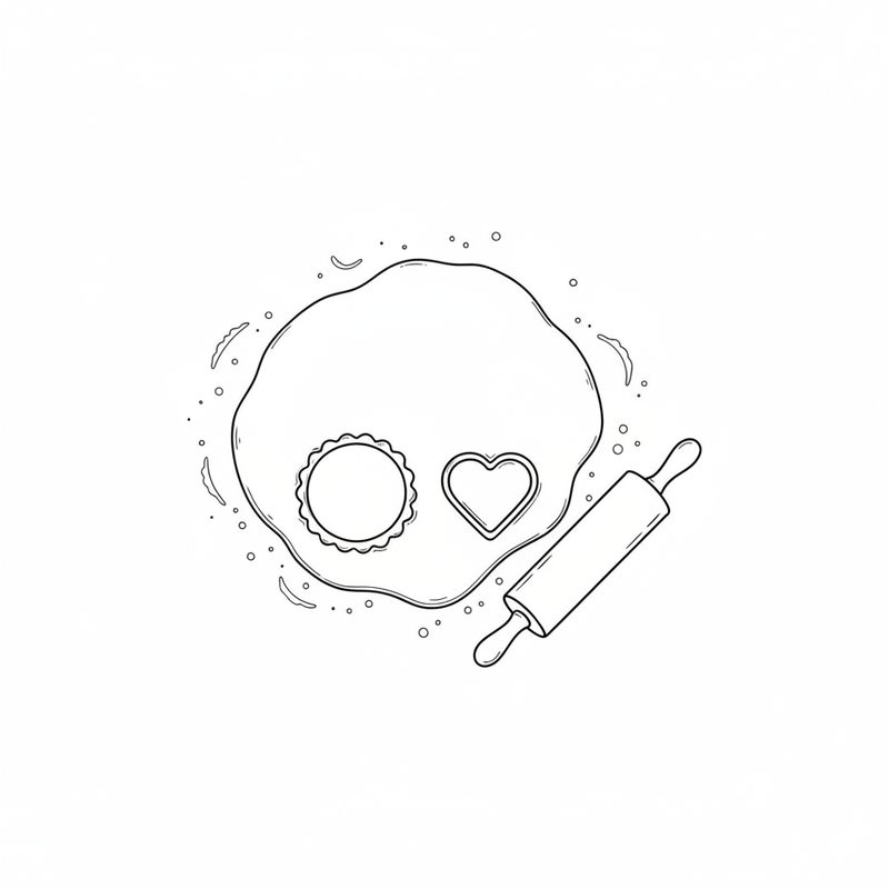 Line drawing of a sheet of rolled-out dough with a round fluted cutter and a heart-shaped cutter on it and a rolling pin beside it