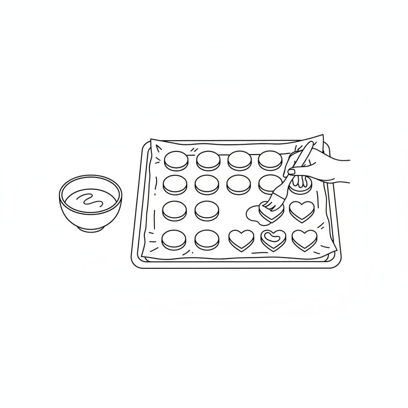Line drawing of a parchment-lined baking sheet with rows of round and heart-shaped raw cookies, a hand brushing egg onto one of them, and a bowl of beaten egg beside the tray