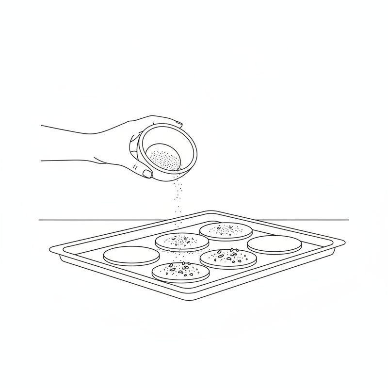 Line drawing of a hand tipping a small bowl to sprinkle sugar and chopped almonds over round raw cookies on a baking tray