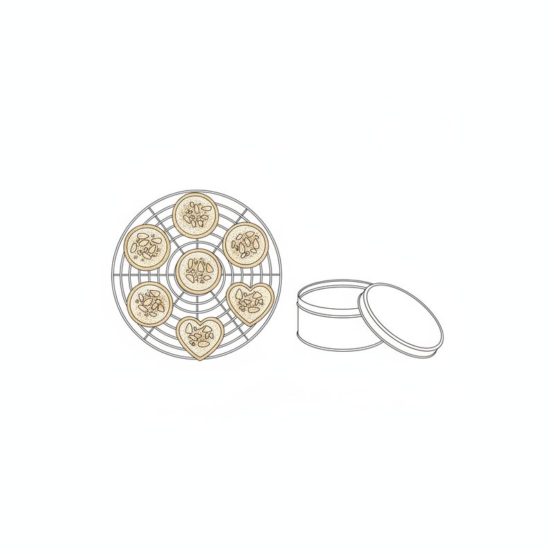 Line drawing of round and heart-shaped baked cookies topped with chopped almonds on a round wire cooling rack, next to an open round cookie tin