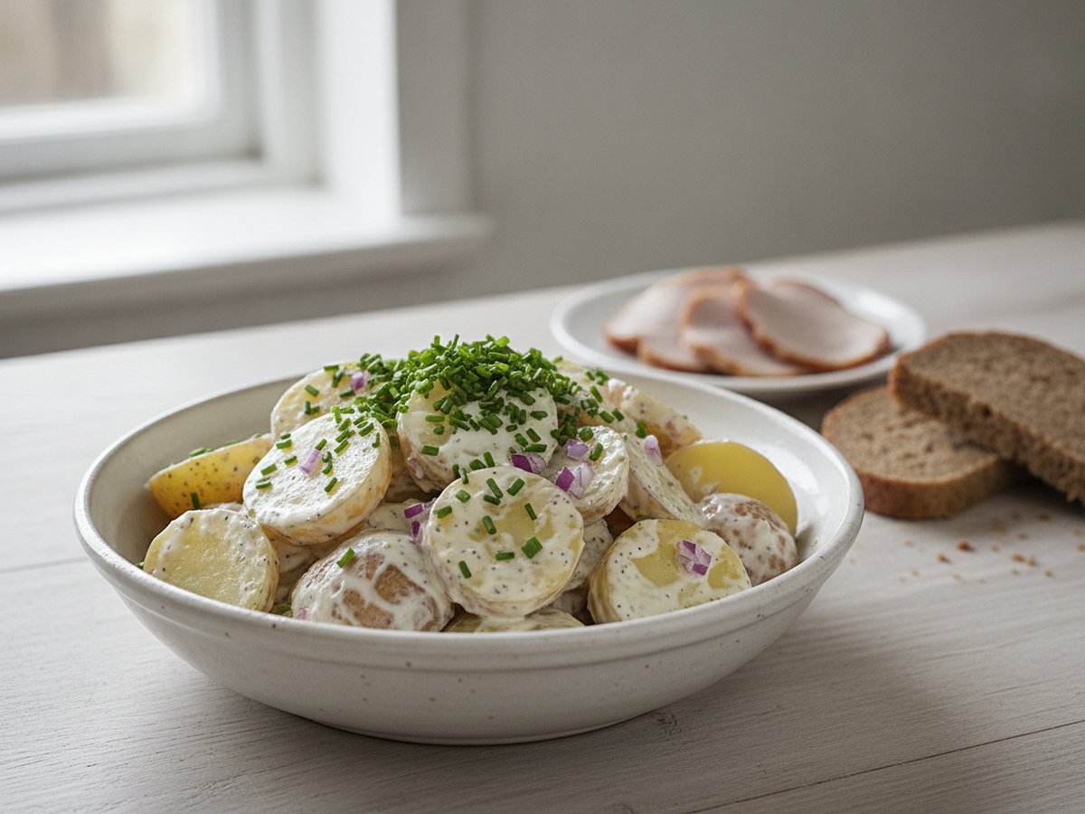A white bowl of Danish kartoffelsalat: sliced new potatoes in a creamy crème fraîche dressing topped with chopped chives and a little diced red onion, with sliced roast pork and rye bread behind it