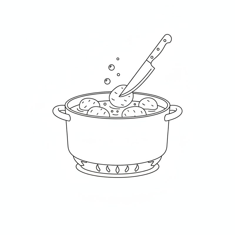 Line drawing of small potatoes boiling in a pot on a gas burner, a knife tip pushed into one potato to test it