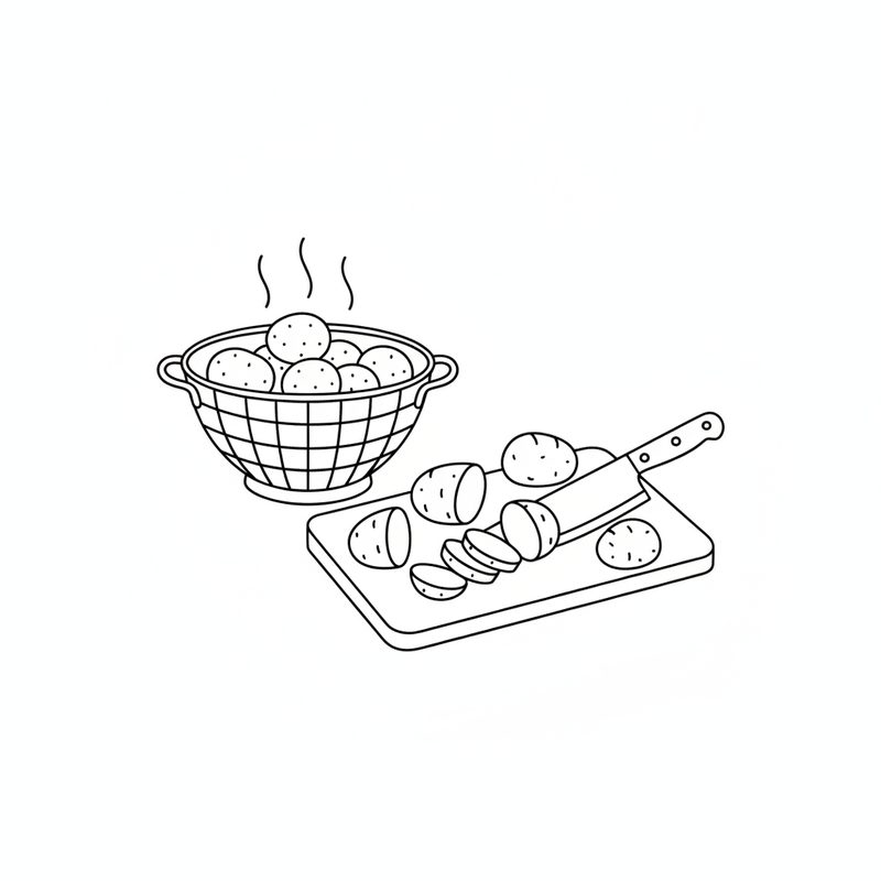 Line drawing of boiled potatoes cooling in a colander next to a cutting board where a knife is cutting one into thick slices