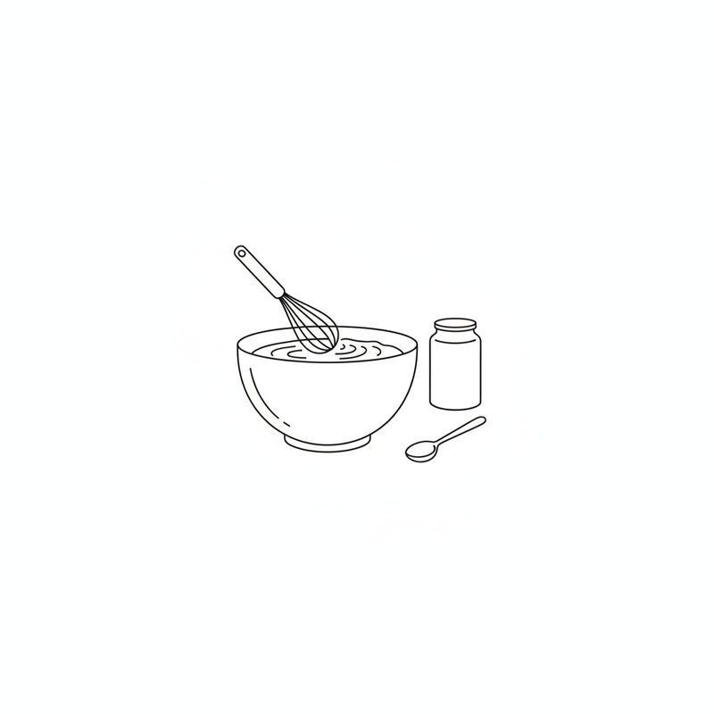 Line drawing of a whisk in a bowl of creamy dressing, with a small jar and a teaspoon beside the bowl