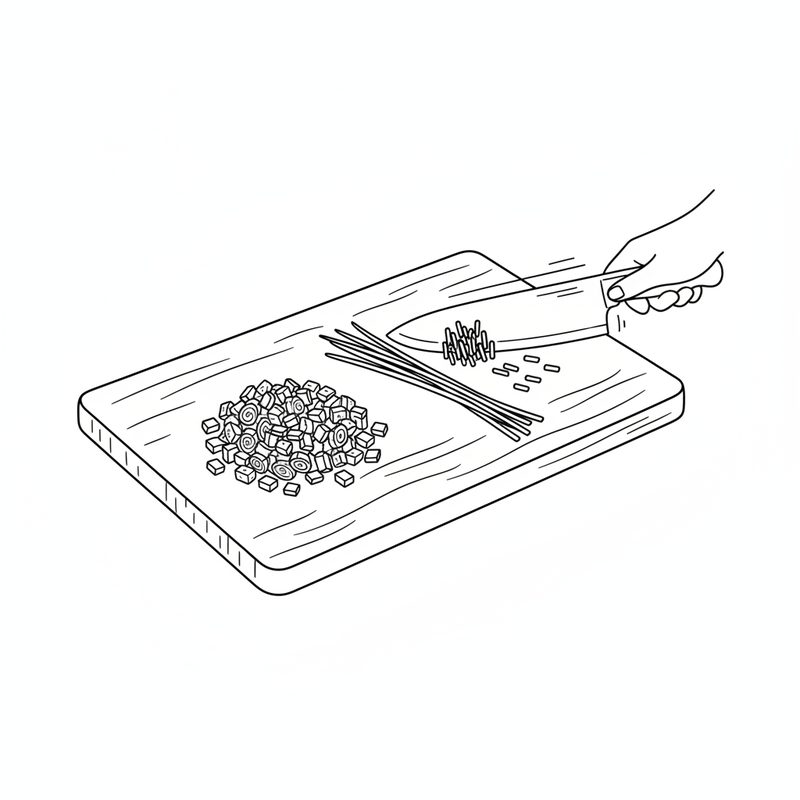 Line drawing of a cutting board with a pile of finely diced onion and a bundle of chives being snipped with a knife