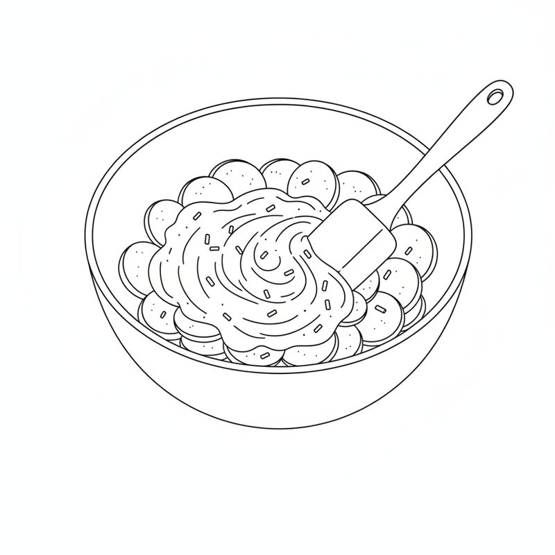 Line drawing of a spatula folding sliced potatoes into a creamy dressing flecked with chives in a large bowl
