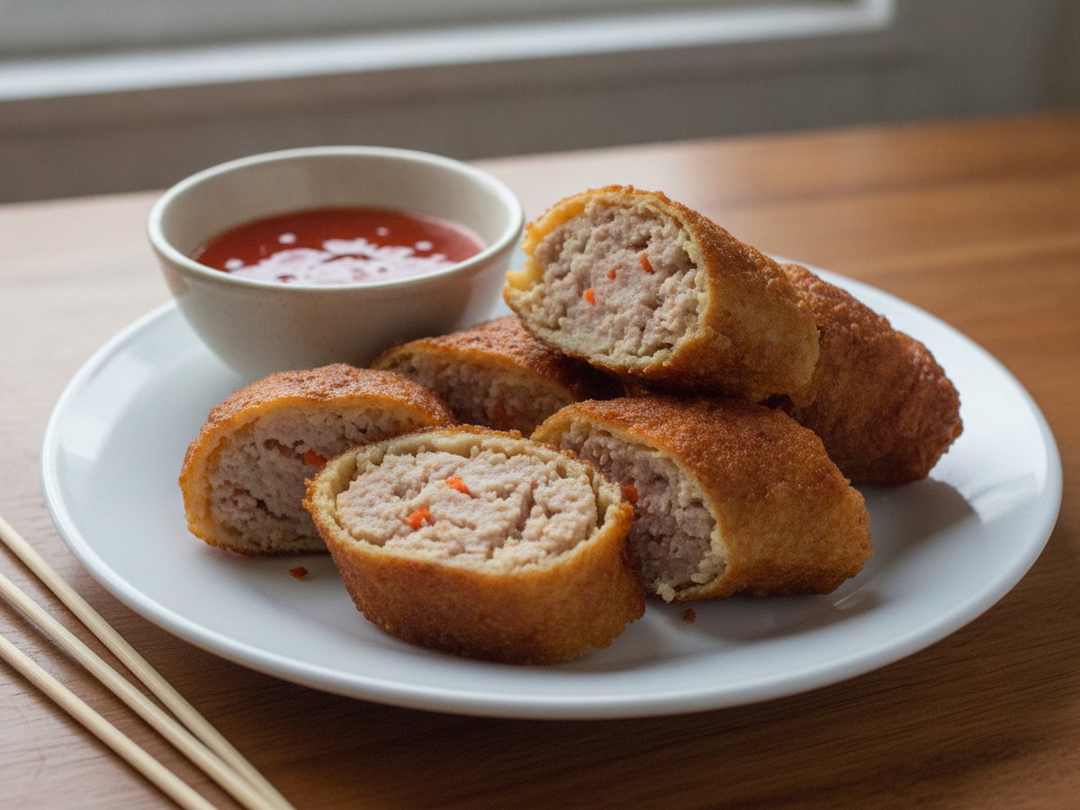 Homemade kikiam on a white plate: crisp golden-brown fried rolls cut open to show a pale pork and shrimp filling flecked with carrot, beside a small bowl of red sweet and sour dipping sauce and bamboo skewers