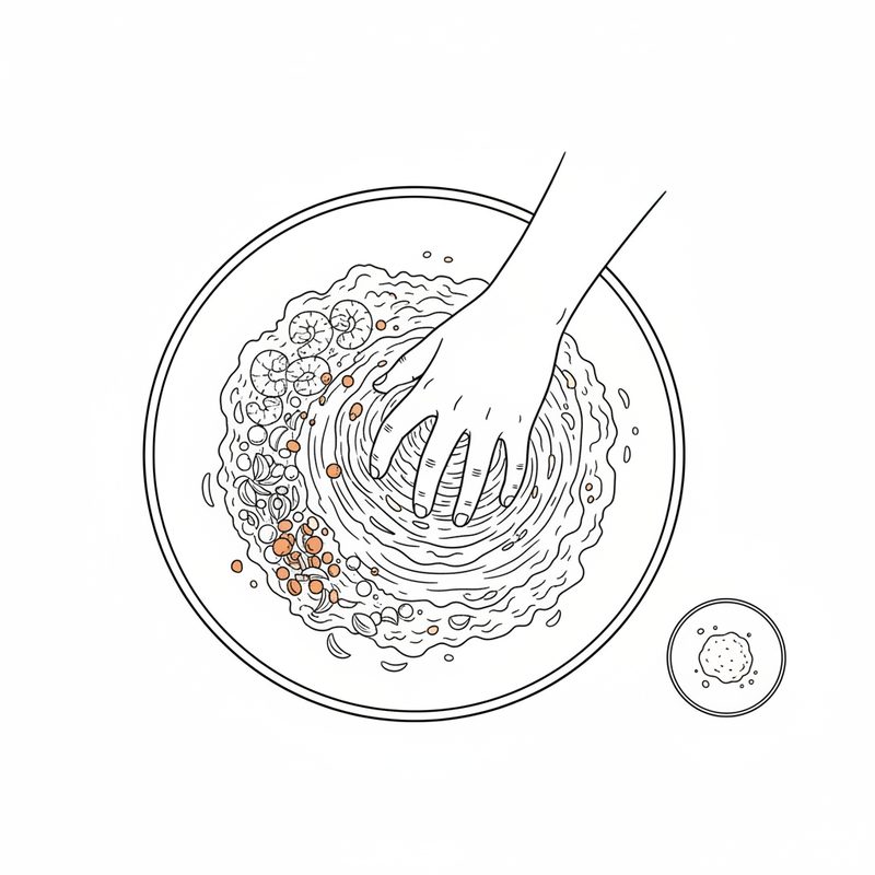 Line drawing of a hand mixing a minced filling in a large bowl, with whole shrimp, chopped vegetables and orange carrot pieces at one side and a small dish of spice beside the bowl