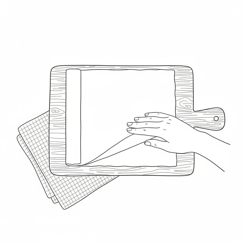 Line drawing of a hand smoothing a thin square sheet flat on a wooden cutting board, with a folded checked kitchen towel underneath the board
