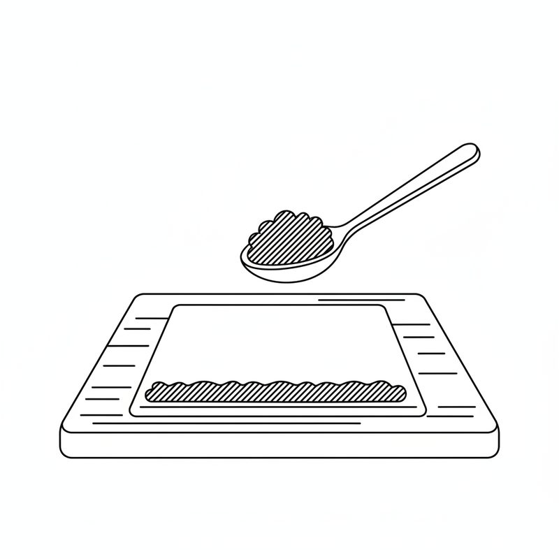 Line drawing of a spoon of minced filling above a square sheet on a cutting board, with a long even line of filling already laid along the bottom edge