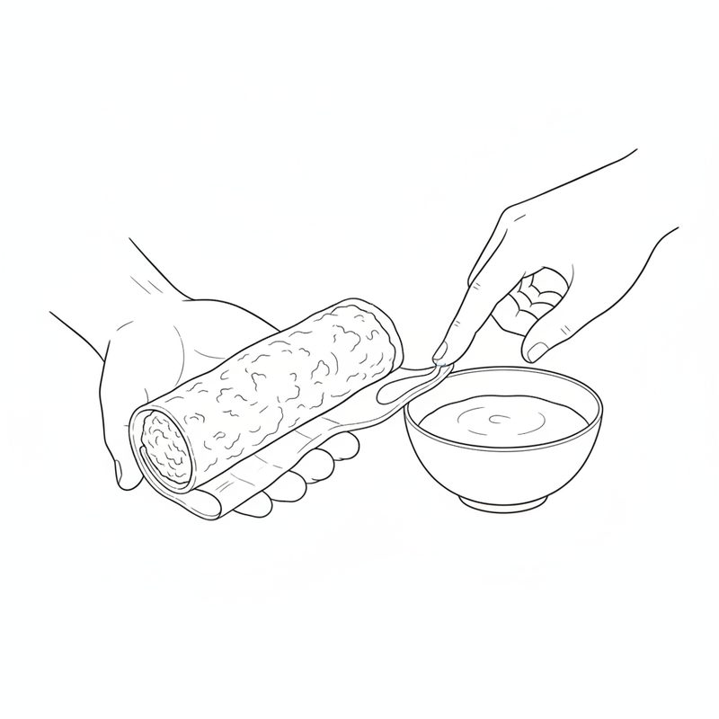 Line drawing of one hand holding a tightly rolled log of filling in its wrapper while a fingertip from the other hand dabs the loose edge from a small bowl of slurry