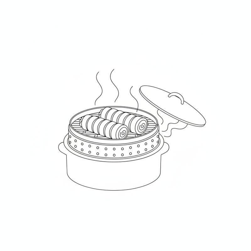 Line drawing of wrapped rolls lying in a single layer in a steamer basket over a pot, steam rising and the lid lifted to one side