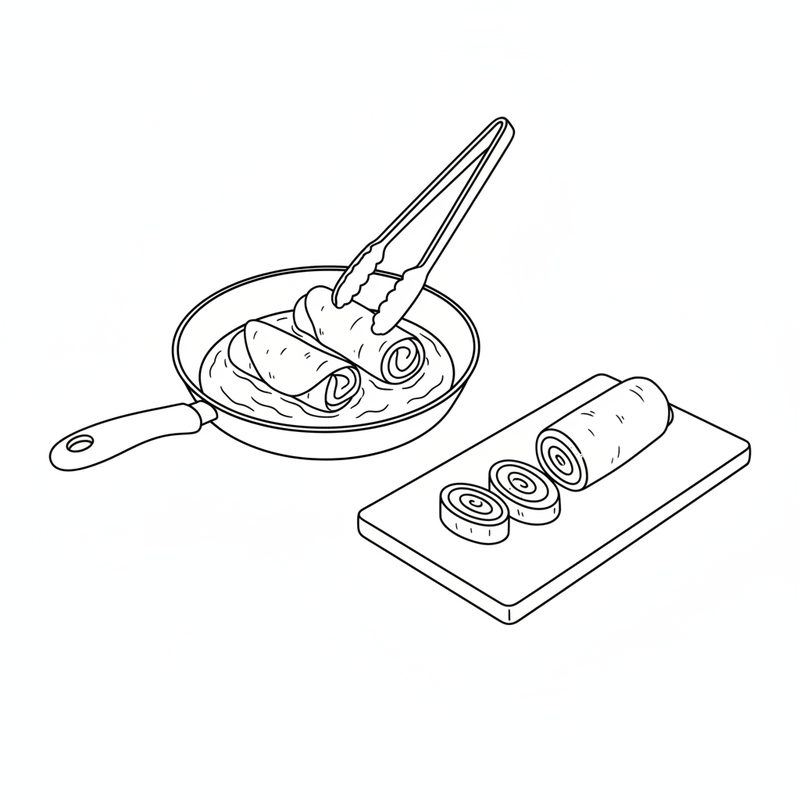 Line drawing of tongs turning wrapped rolls in shallow oil in a frying pan, with a fried roll sliced into rounds on a cutting board beside it