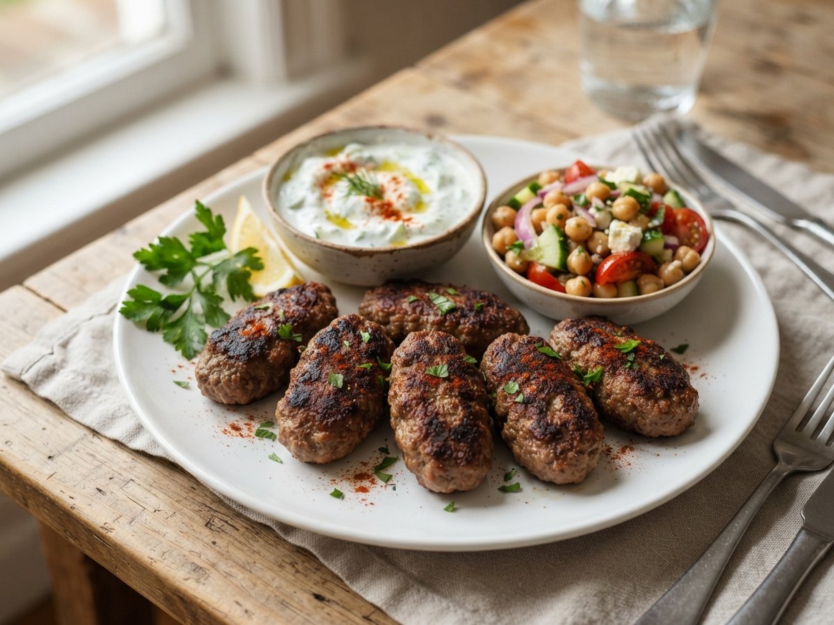 Six pan-fried beef kofta flecked with parsley and paprika on a white plate, with a bowl of tzatziki, a chickpea and tomato salad and a lemon wedge