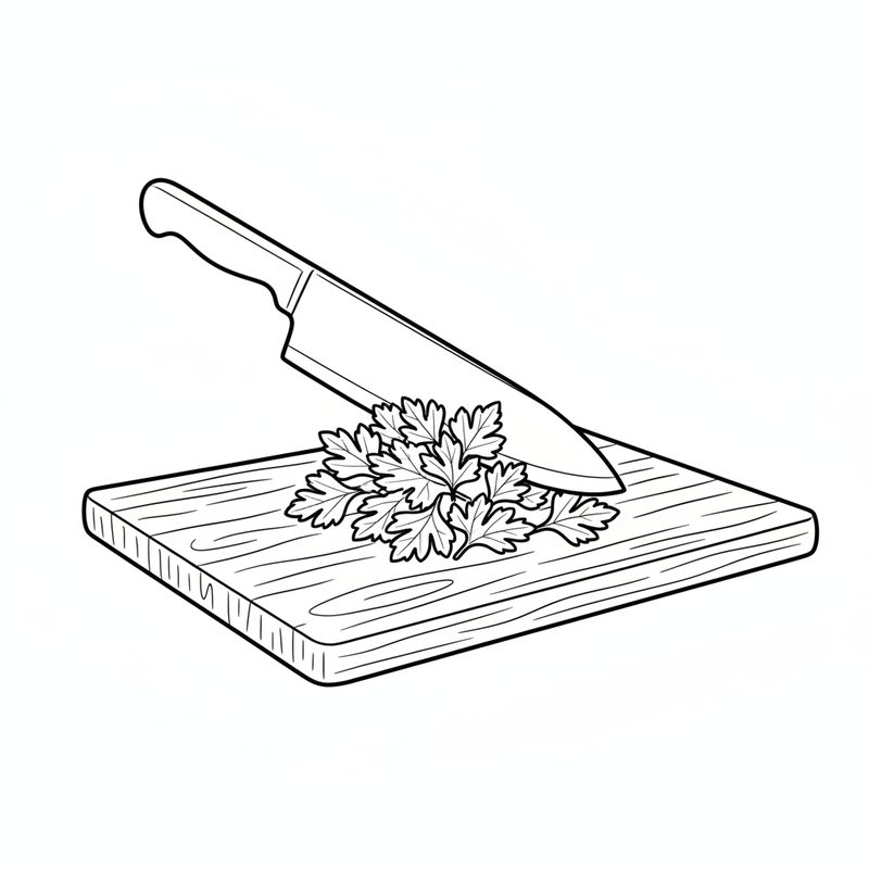 Line drawing of a chef's knife chopping a small pile of flat-leaf parsley on a wooden cutting board