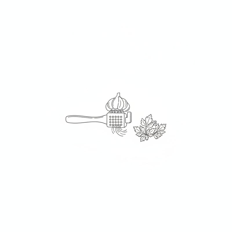Line drawing of a garlic press with garlic on top, a few pressed strands below, and a sprig of parsley beside it