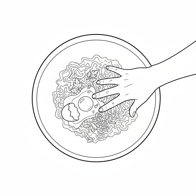 Line drawing seen from above of a hand mixing minced meat, a cracked egg, parsley leaves and chopped garlic in a large bowl