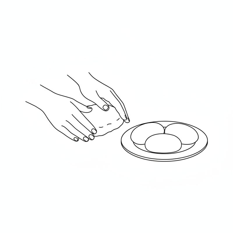 Line drawing of two hands shaping a ball of minced meat, with three flattened patties on a plate beside them