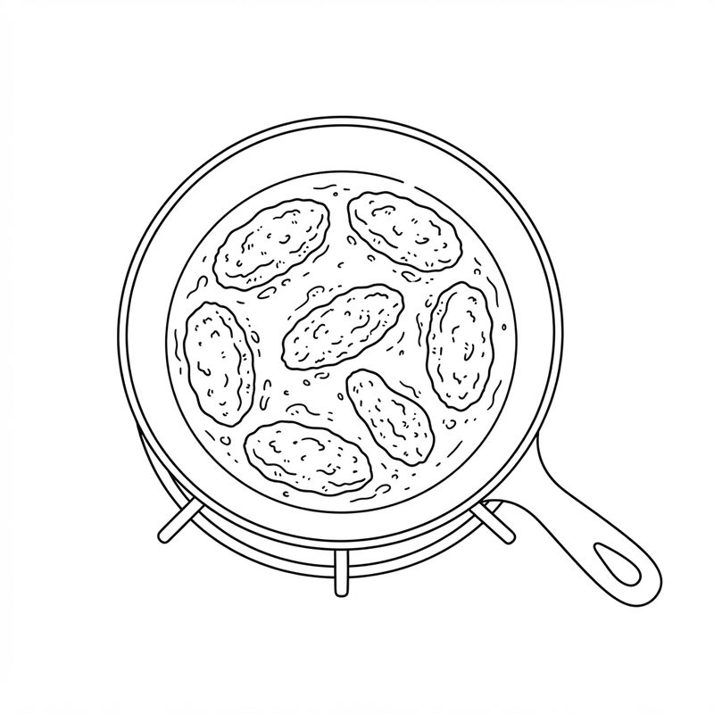 Line drawing seen from above of seven elongated, flattened meatballs frying in oil in a frying pan on a hob