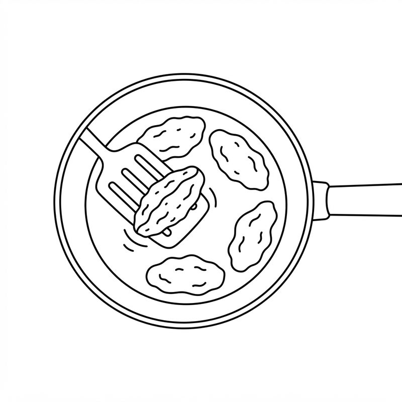 Line drawing seen from above of a slotted spatula turning one elongated meatball in a frying pan, four more meatballs around it