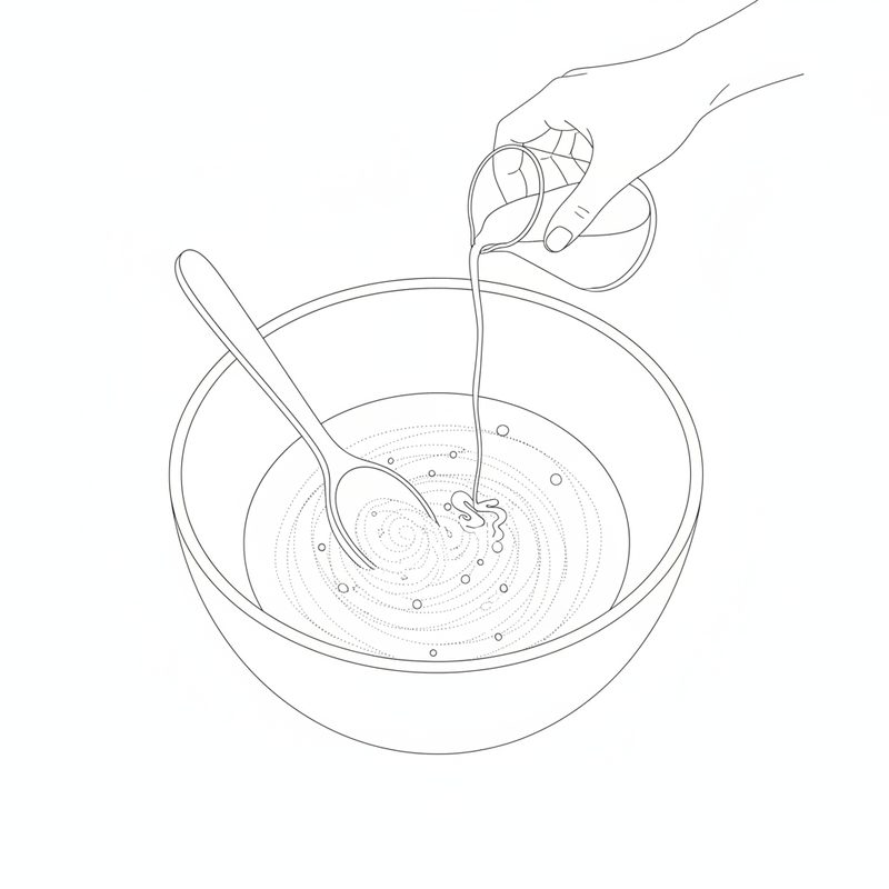 Line drawing of a hand pouring liquid from a small jug into a mixing bowl while a spoon stirs the mixture
