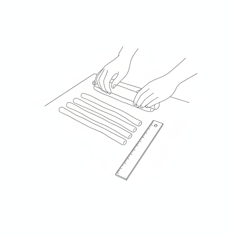 Line drawing of hands rolling dough into long even ropes, with four finished ropes lying beside a ruler