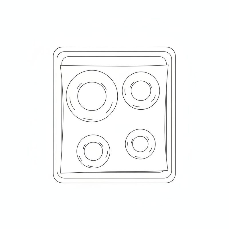 Line drawing from above of a parchment-lined baking tray holding four plain dough rings of different sizes