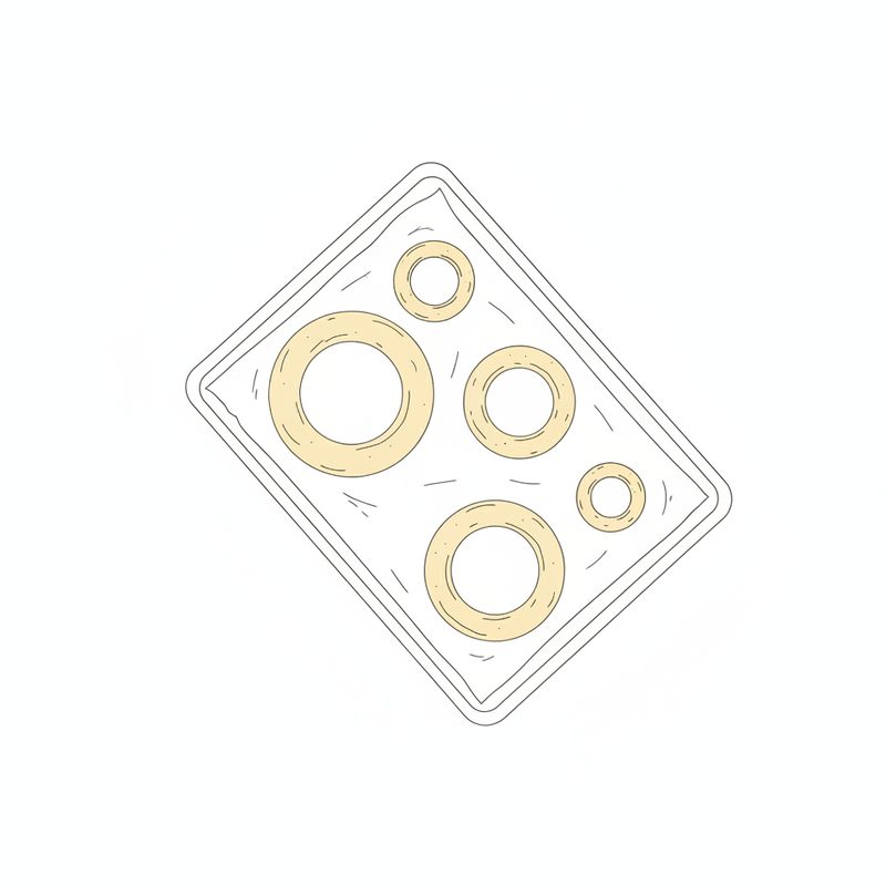 Drawing from above of a parchment-lined tray with five lightly golden baked rings in graduated sizes