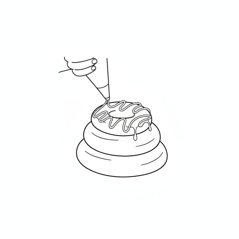 Line drawing of a piping bag drawing looping lines of icing over the top ring of a small stack of rings