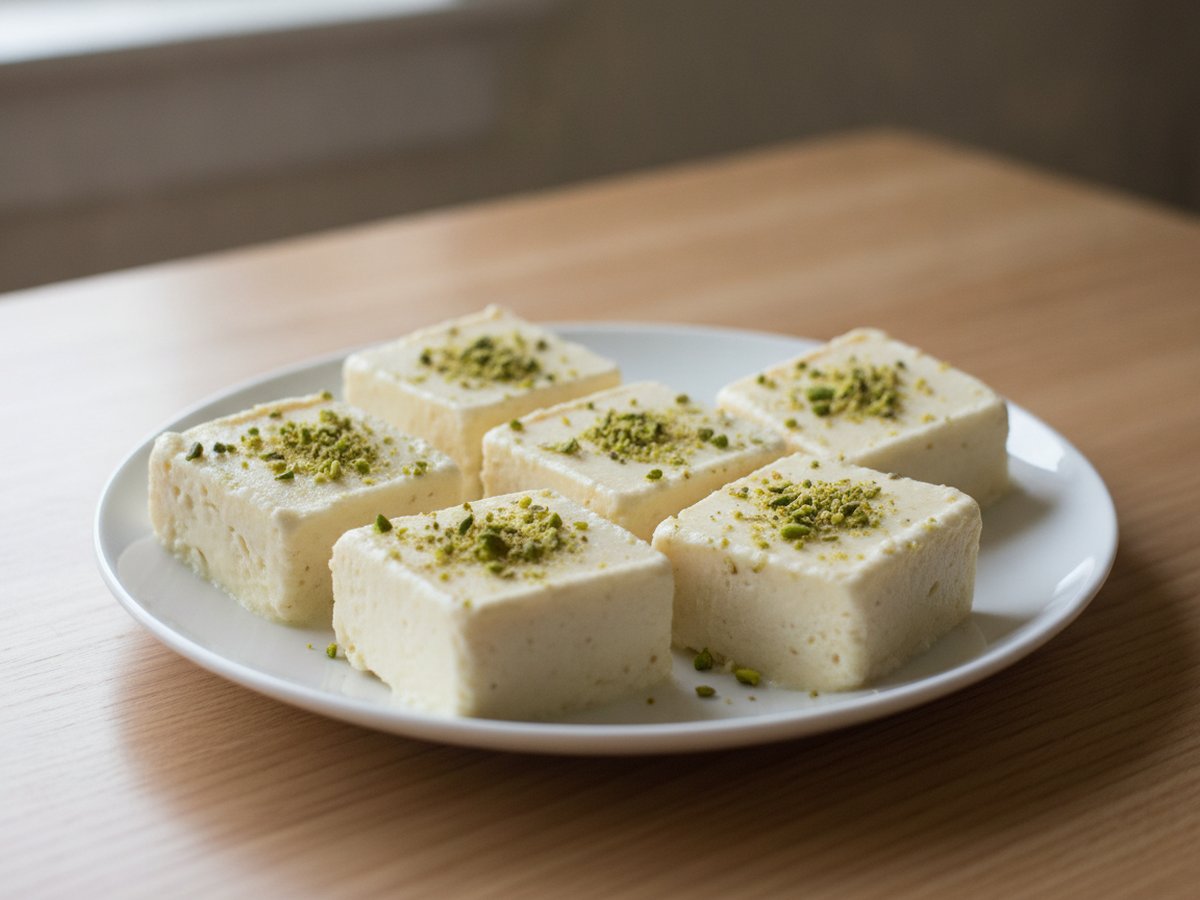 Six squares of pale malai kulfi topped with chopped pistachios on a white plate on a wooden table
