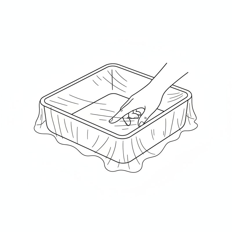 Line drawing of a hand pressing cling film into the corners of a square pan, the film hanging over the edges