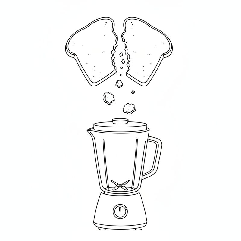 Line drawing of a slice of white bread torn in two, small pieces falling into an empty blender