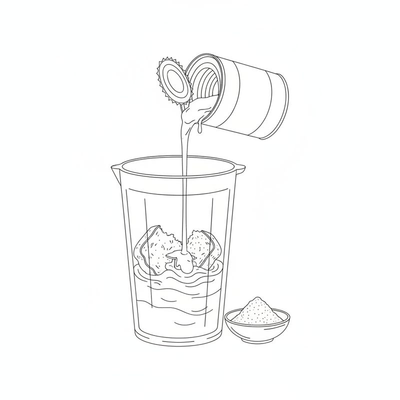Line drawing of condensed milk pouring from a tin into a blender jar of torn bread and milk, a small bowl of ground cardamom beside it