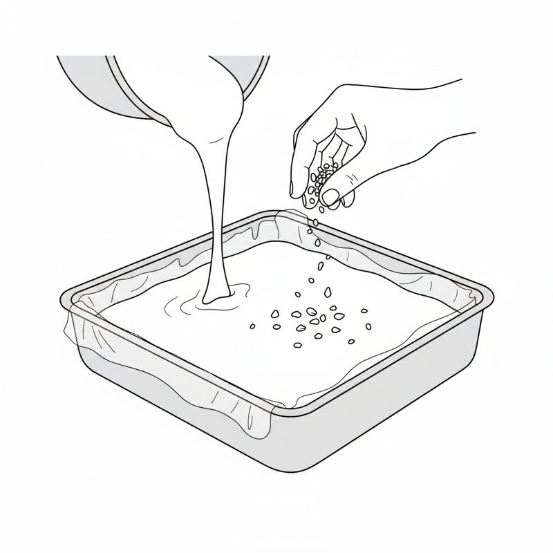 Line drawing of the pale mixture being poured into a lined square pan while a hand scatters chopped pistachios on top