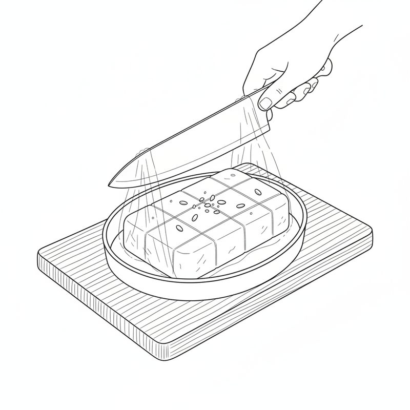 Line drawing of a knife cutting a frozen block of kulfi into squares on a wooden board