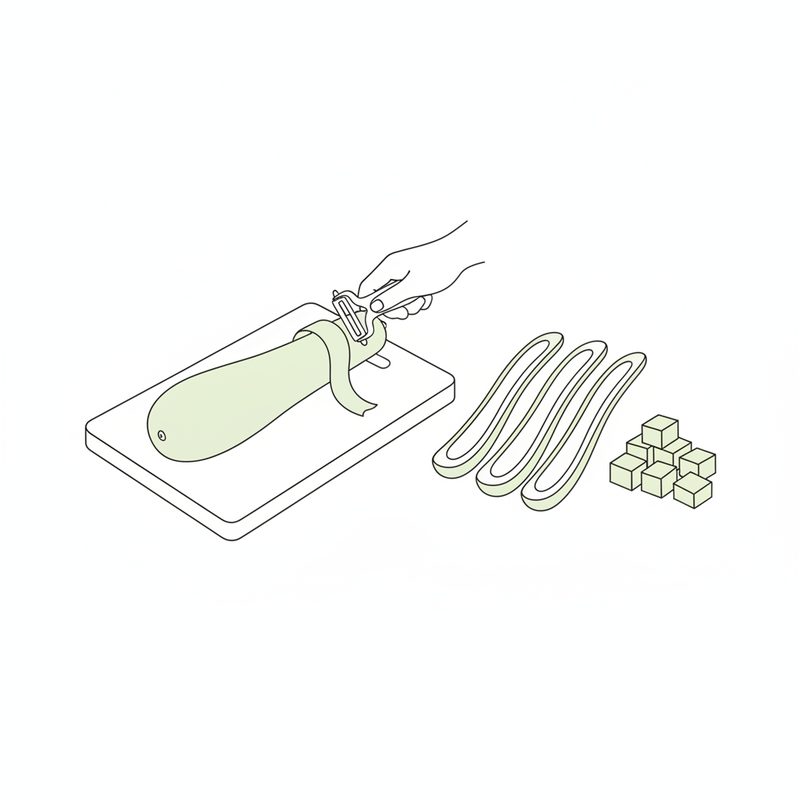 Line drawing of a hand peeling a pale-green bottle gourd on a chopping board, peeled strips beside it and a small stack of green cubes