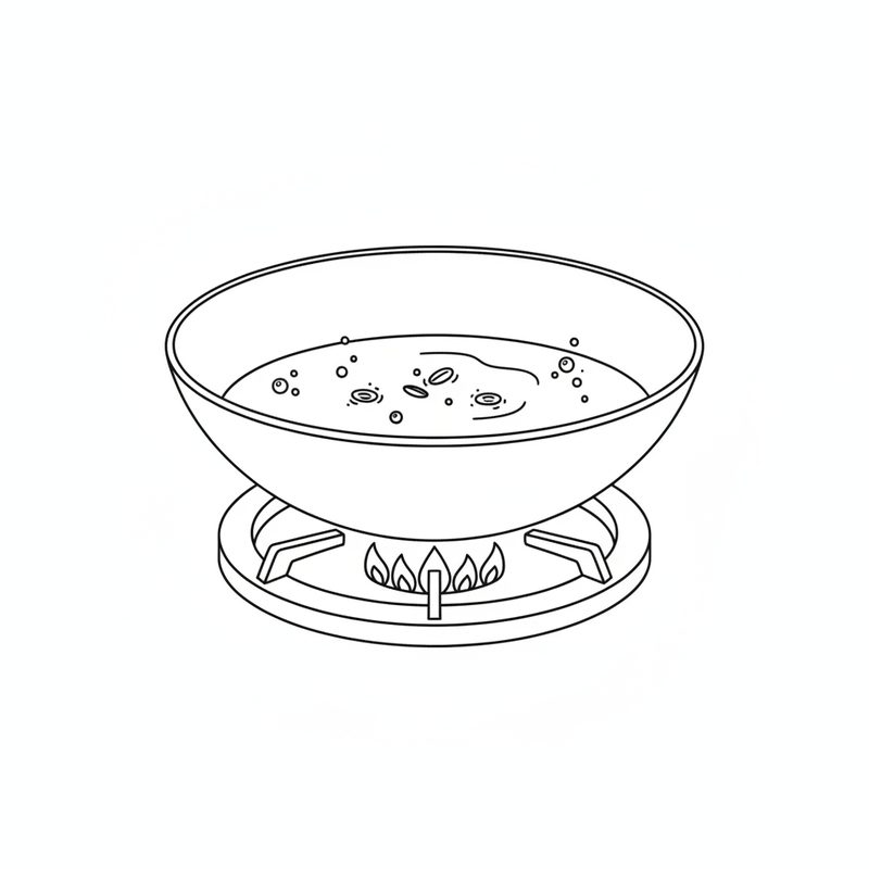Line drawing of a round pan of oil on a gas burner, small bubbles rising around a few cumin seeds