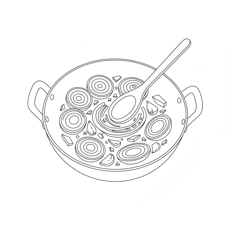 Line drawing of a two-handled karahi full of onion rings and small pieces of garlic, a spoon stirring them