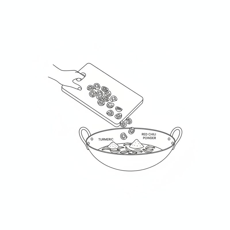 Line drawing of a hand tipping chopped tomato from a board into a karahi of onions, with small mounds labelled turmeric and red chili powder