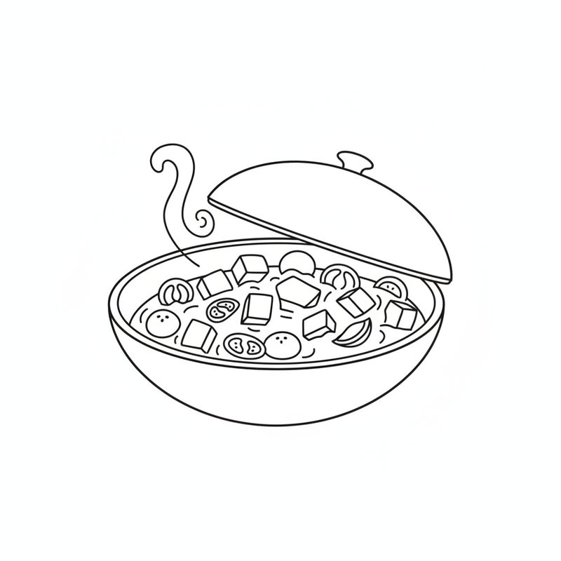 Line drawing of a lid lifted half off a pan of gourd cubes and tomato pieces, a curl of steam rising