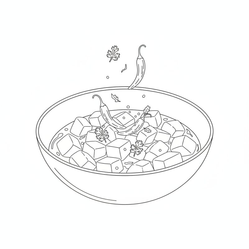 Line drawing of a bowl of soft gourd cubes in sauce, a green chilli and coriander leaves falling onto the top